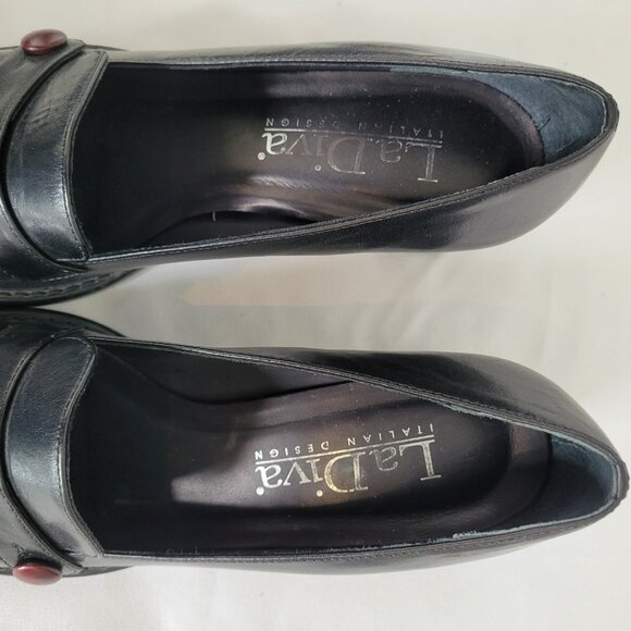Vintage La Diva Black Square Toed Loafers with Burgundy Trim Size 7.5 B - Picture 8 of 10